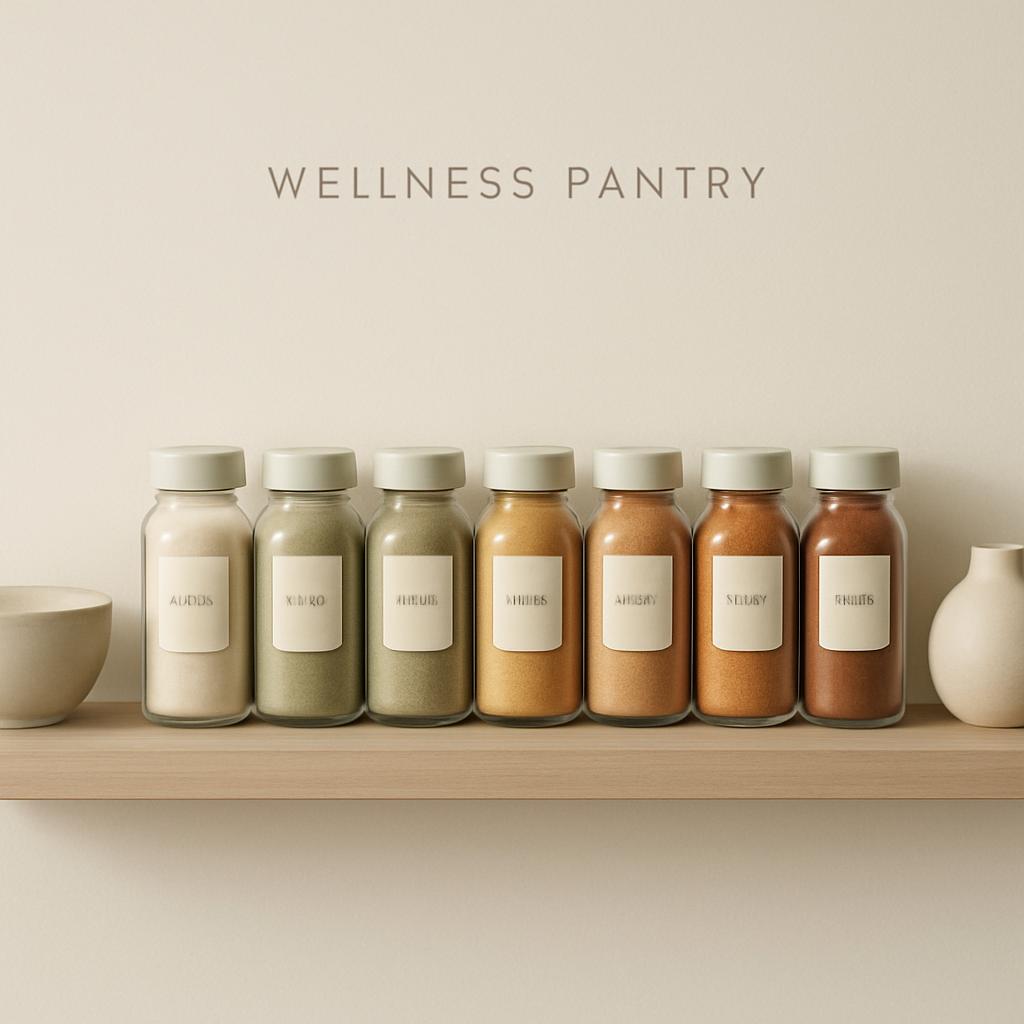 A collection of jars and a shelf with the words 'WELLNESS PANTRY' on it.