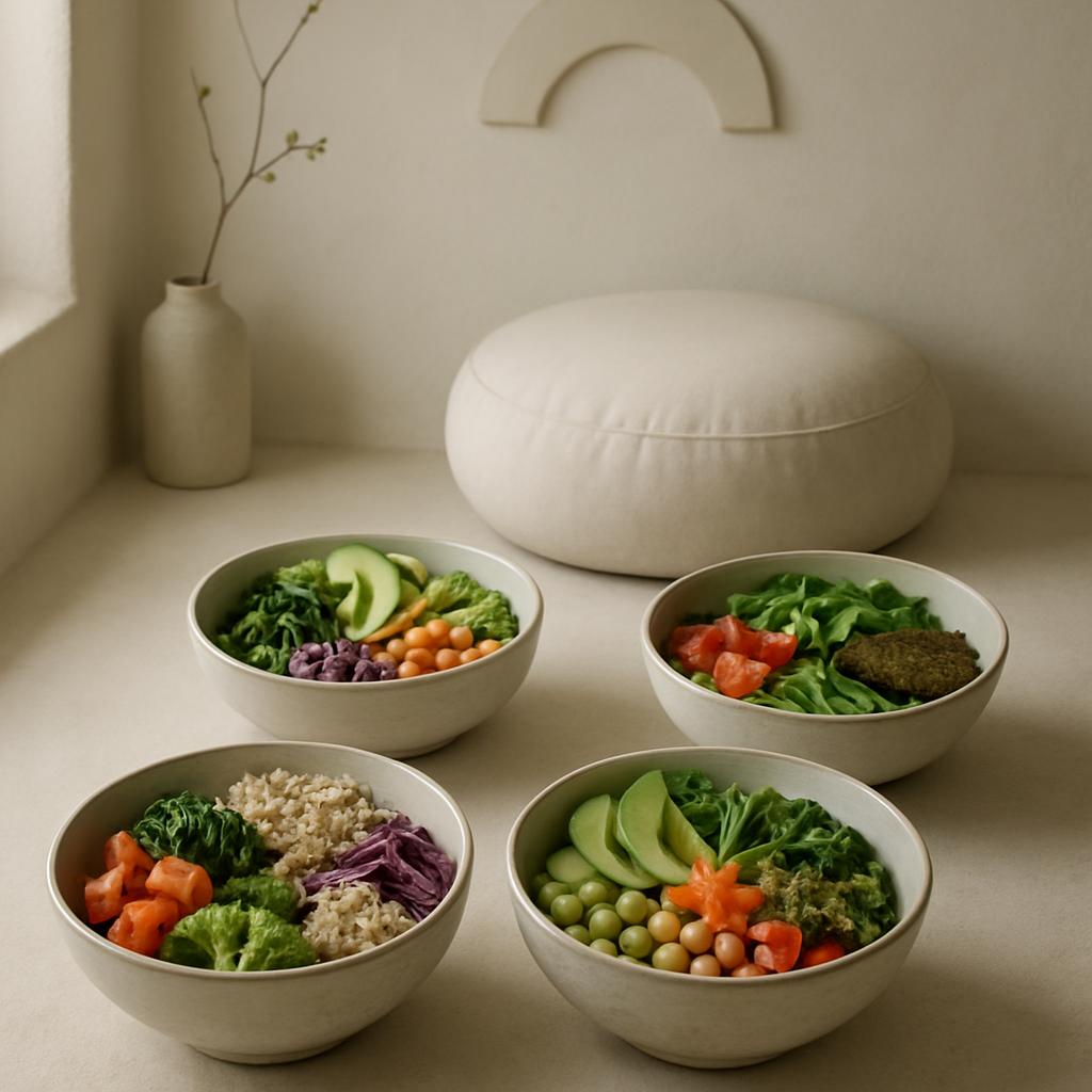 Four large bowls of vegetables or salad are neatly displayed in front of a large white cushion in the corner of what could...