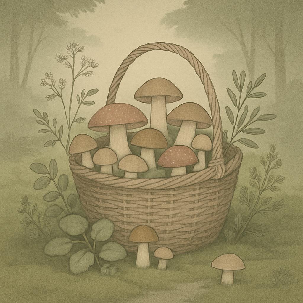 A digital illustration of a wicker basket overflowing with mushrooms and wild plants on a forest green background.