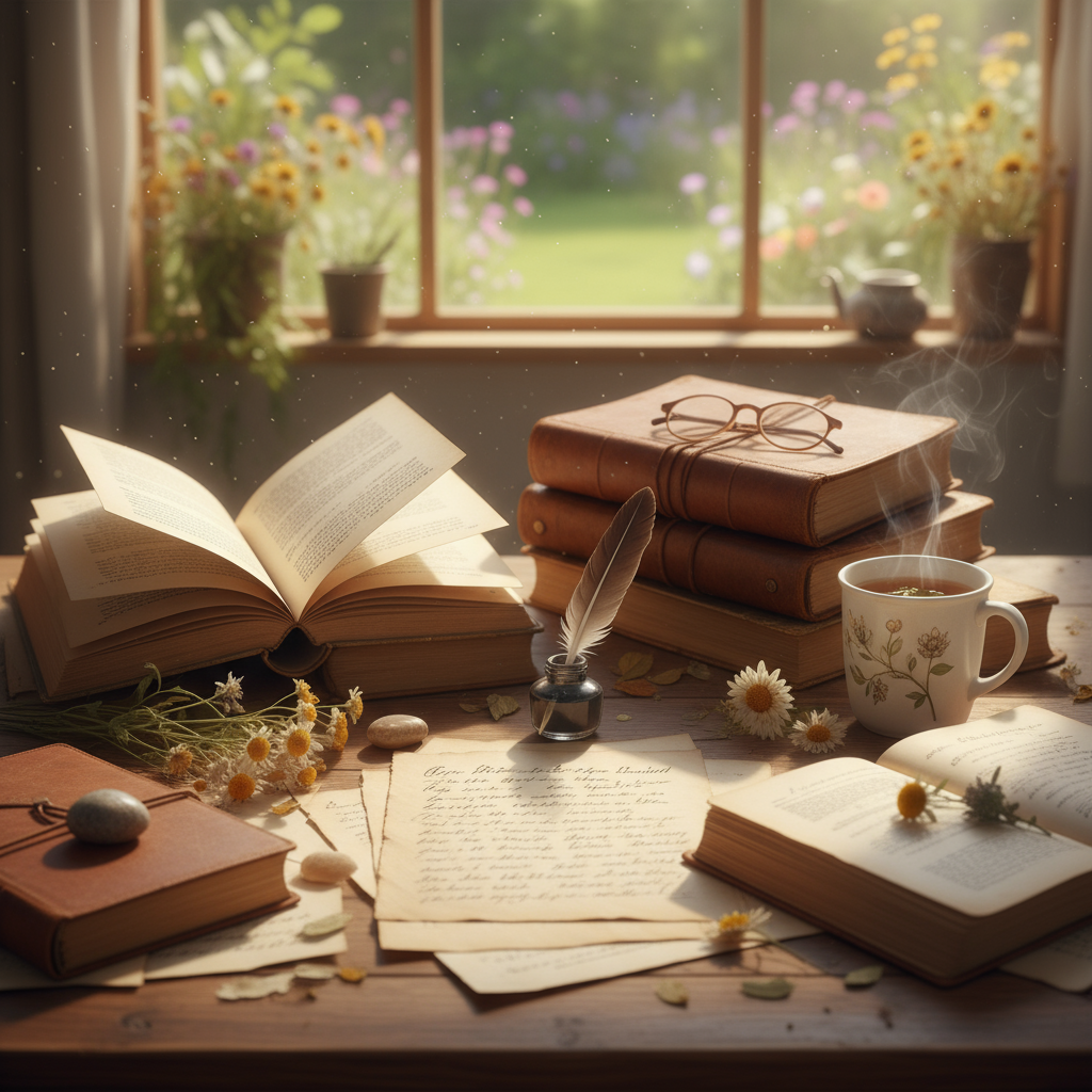 a soft, inspiring image of a table with books and writings